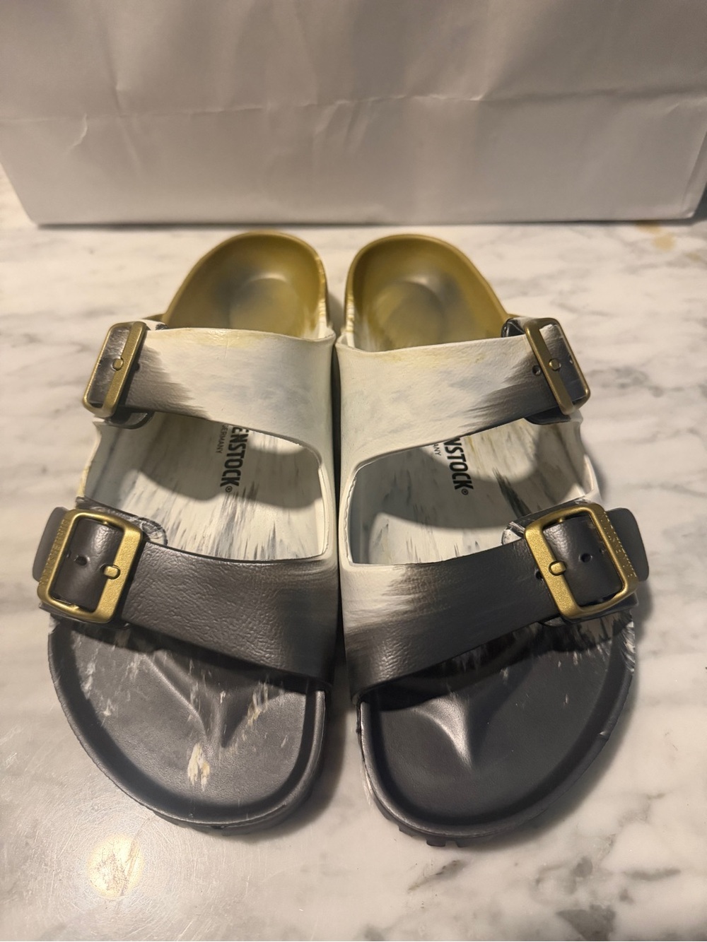 Birkenstock Two-Tone White and Black Arizona Soft Footbed Sandals